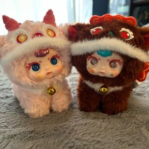 Cute Pair of Fuzzy Character Plush Dolls - Pink & Brown